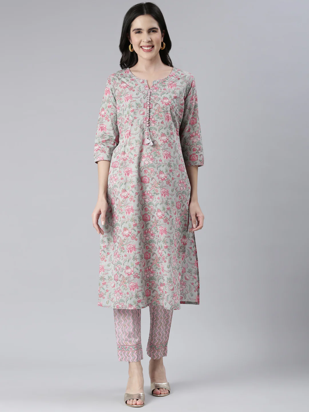 Neerus Women Grey Printed Calf Length Kurta And Trousers