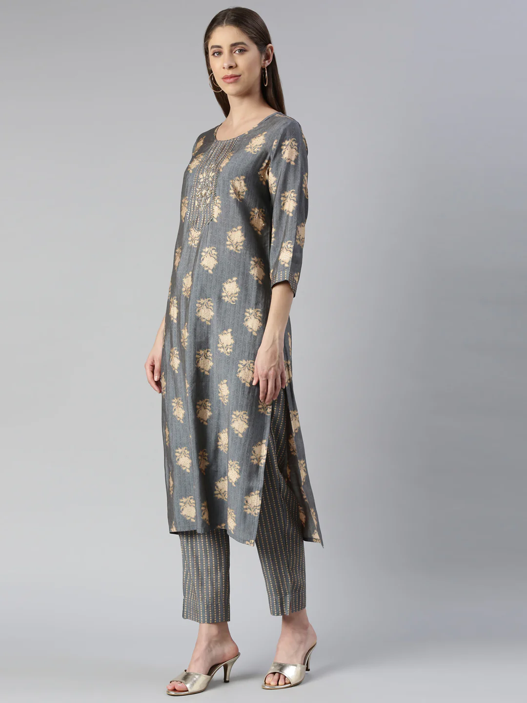Neerus Women Grey Solid Calf Length Kurta And Trousers With Dupatta - Image 2
