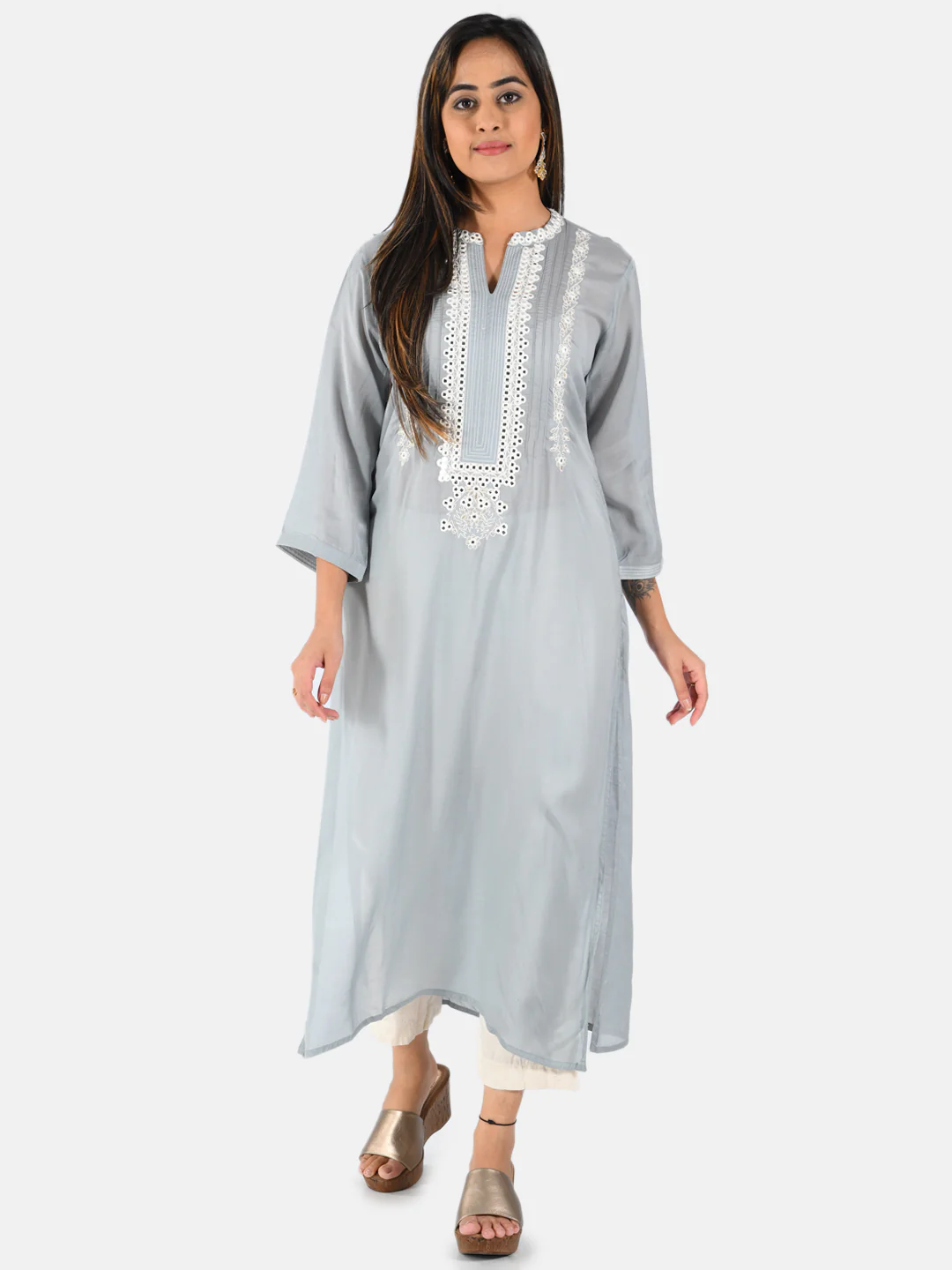 Neerus Women Grey White Embroidered Yoke Design Straight Kurta With Mirror Work