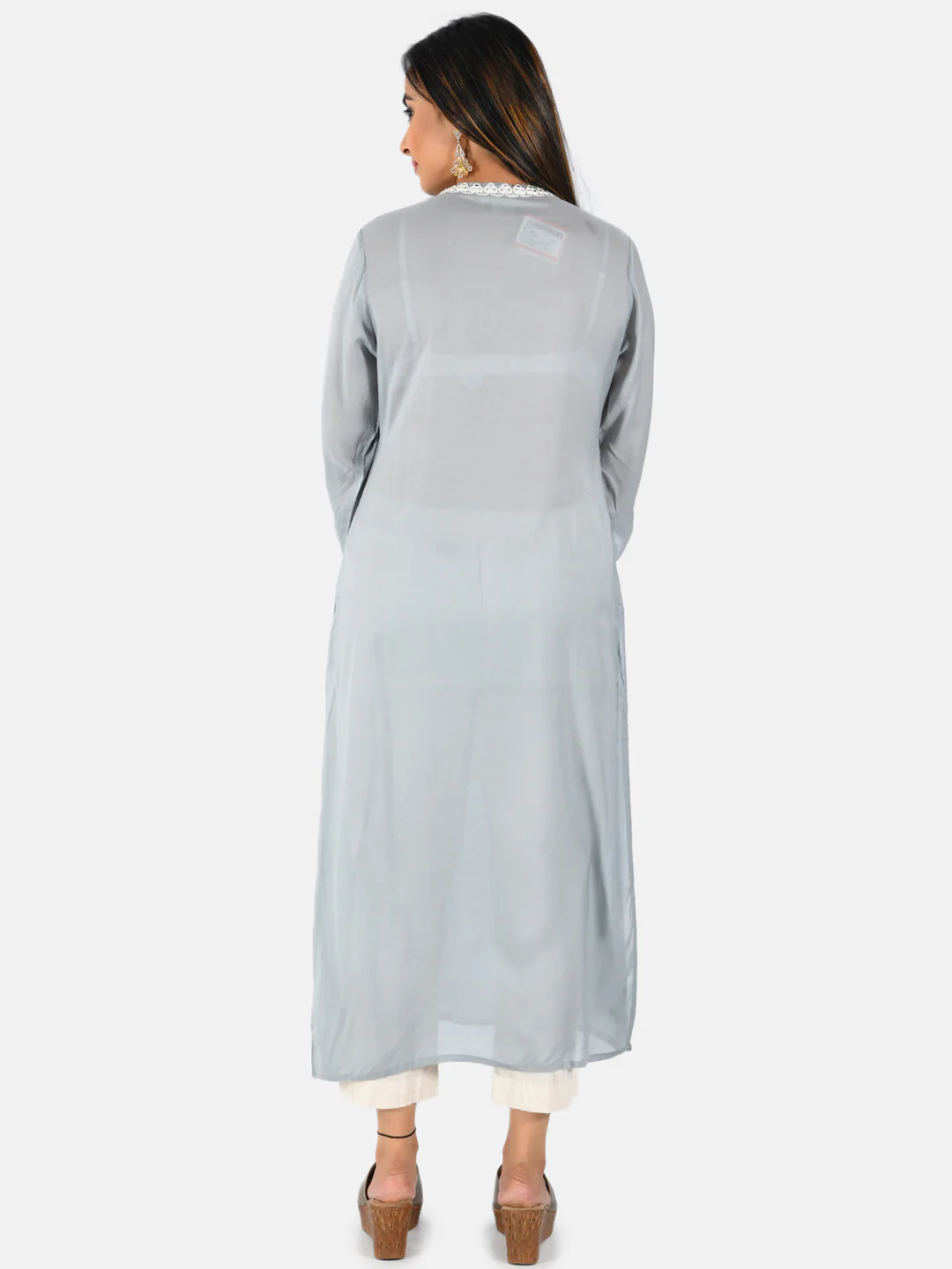 Neerus Women Grey White Embroidered Yoke Design Straight Kurta With Mirror Work - Image 3