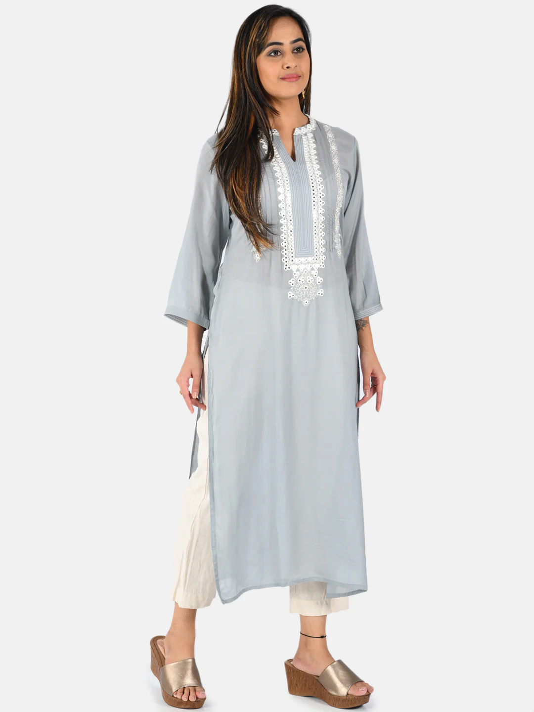 Neerus Women Grey White Embroidered Yoke Design Straight Kurta With Mirror Work - Image 5