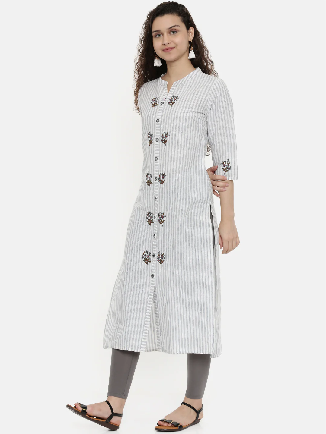 Neerus Women Grey White Striped A-Line Kurta With Embroidery Detail - Image 3
