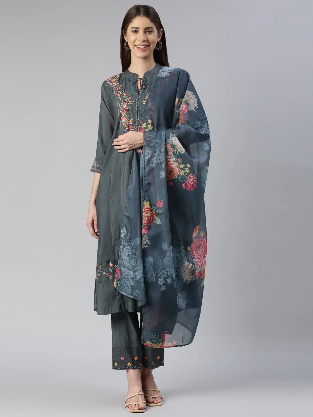 Neerus Women Grey Yoke Design Calf Length Kurta And Trousers With Dupatta