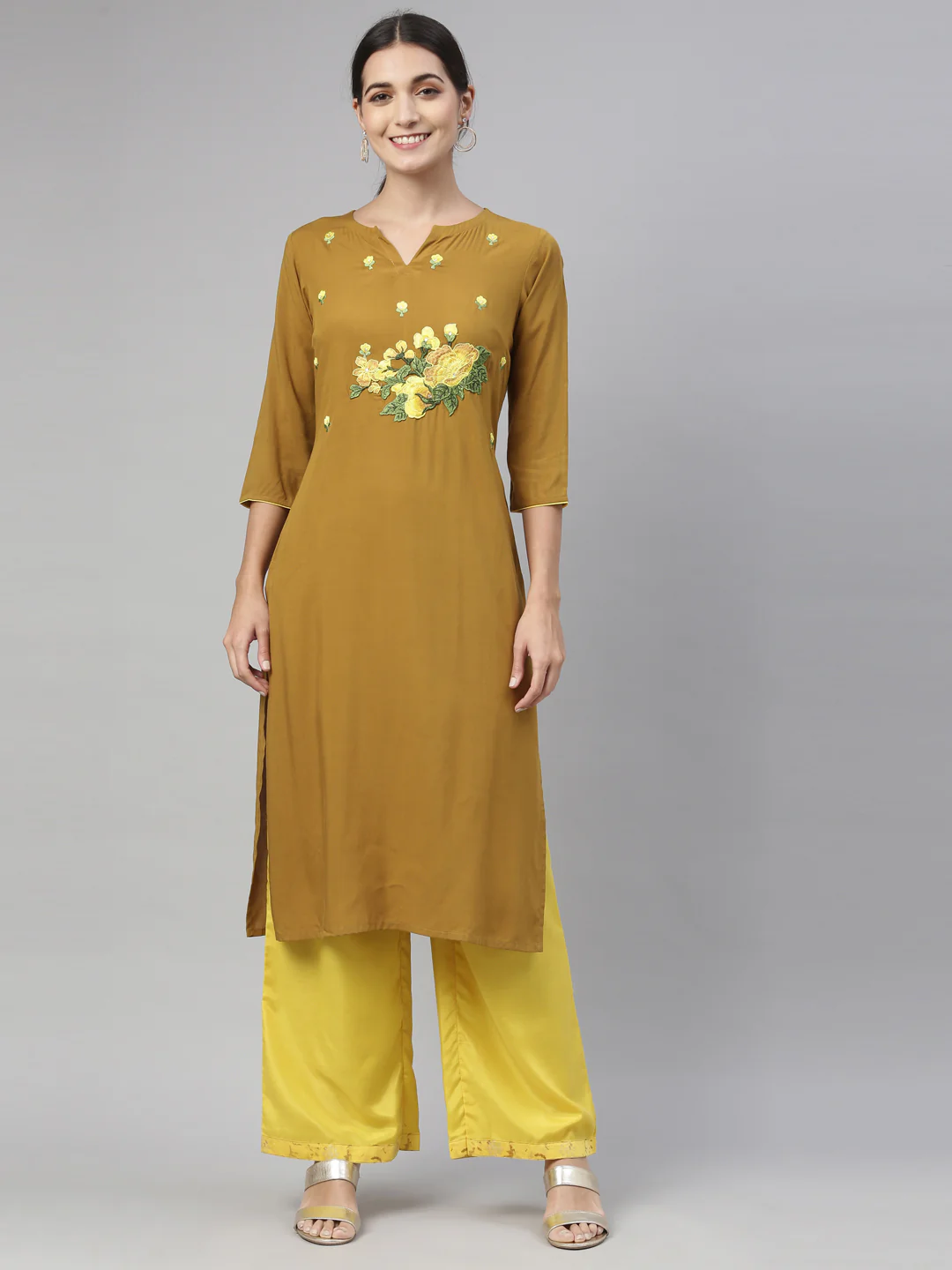 Neerus Women Khaki  Yellow Floral Yoke Embroidered Regular Kurta with Palazzos