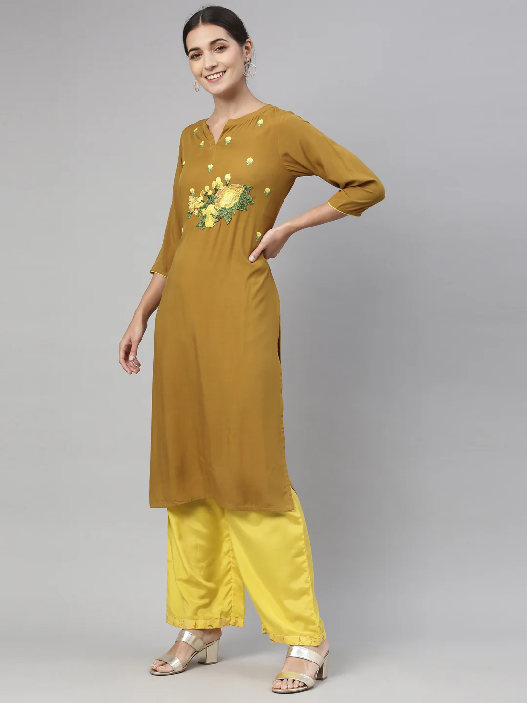 Neerus Women Khaki  Yellow Floral Yoke Embroidered Regular Kurta with Palazzos - Image 2