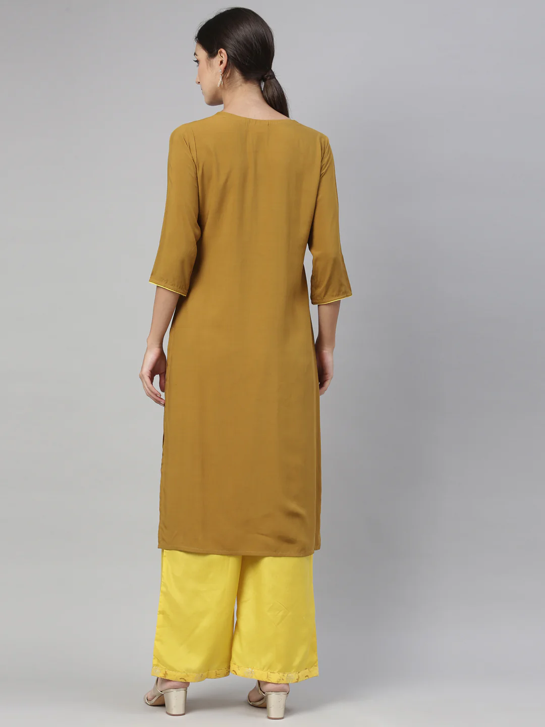 Neerus Women Khaki  Yellow Floral Yoke Embroidered Regular Kurta with Palazzos - Image 3