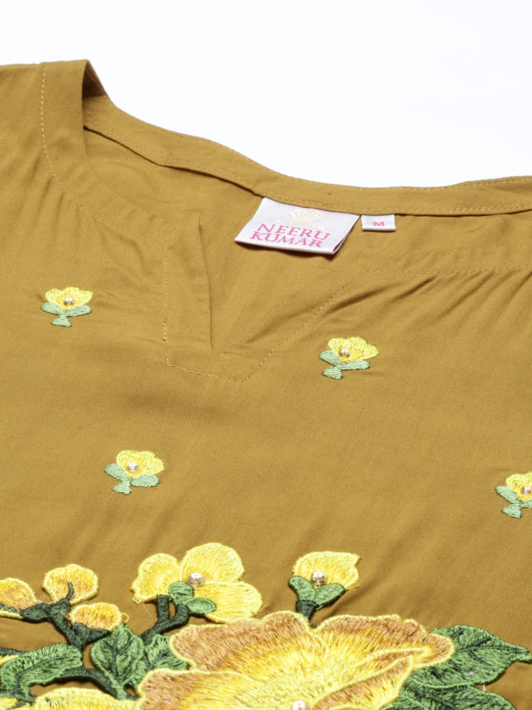 Neerus Women Khaki  Yellow Floral Yoke Embroidered Regular Kurta with Palazzos - Image 4
