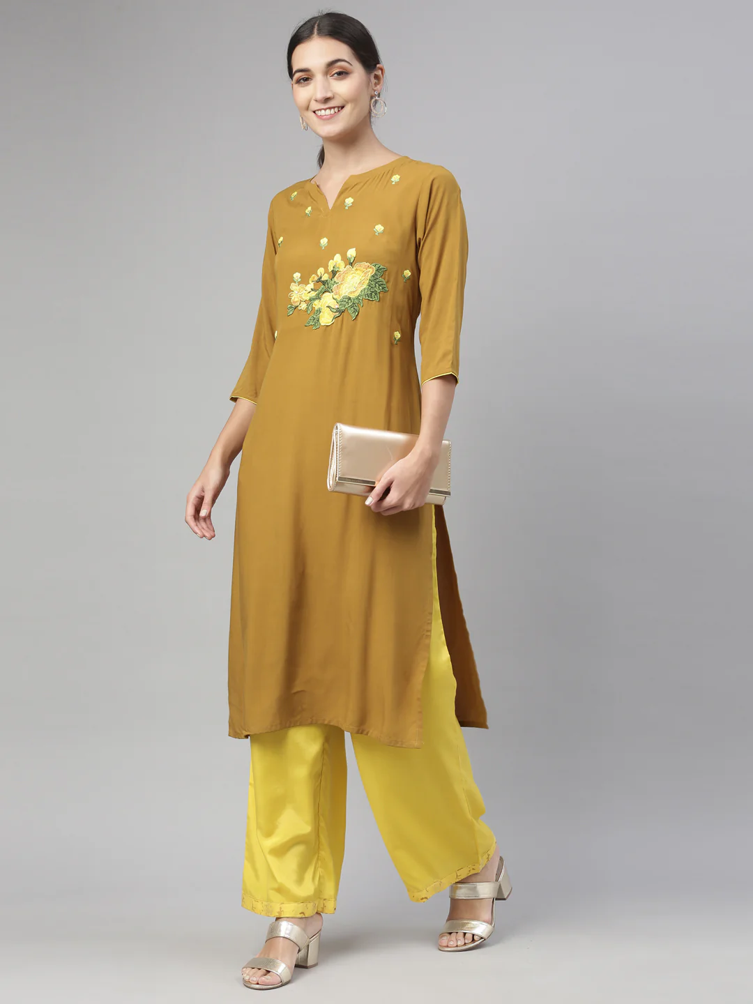 Neerus Women Khaki  Yellow Floral Yoke Embroidered Regular Kurta with Palazzos - Image 5