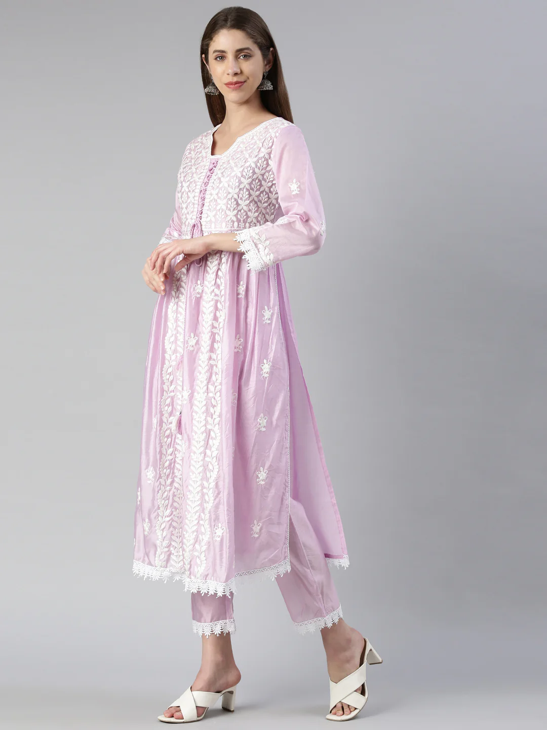 Neerus Women Lavender Solid Calf Length Kurta And Trousers With Dupatta - Image 2