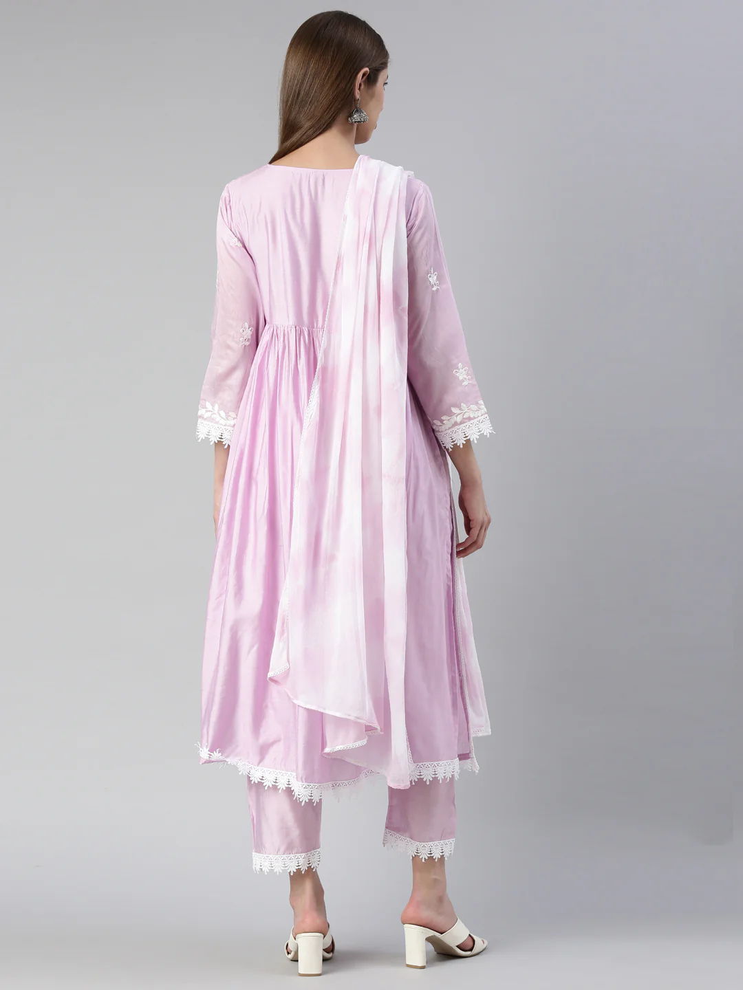 Neerus Women Lavender Solid Calf Length Kurta And Trousers With Dupatta - Image 3