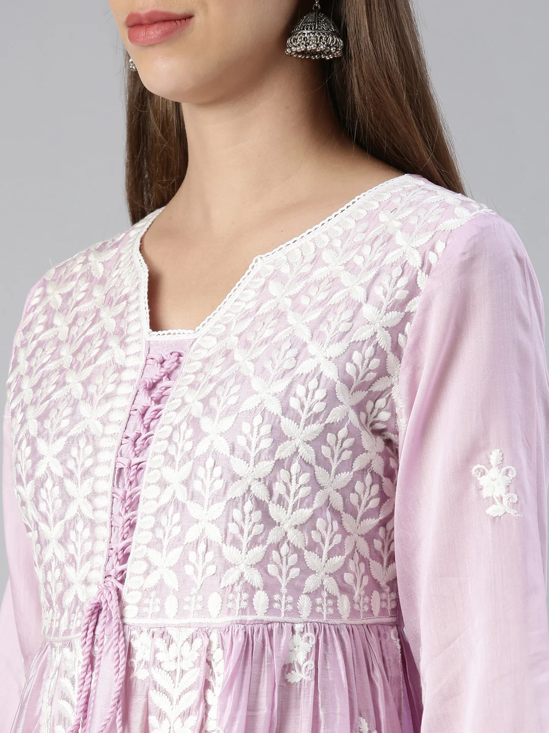 Neerus Women Lavender Solid Calf Length Kurta And Trousers With Dupatta - Image 4