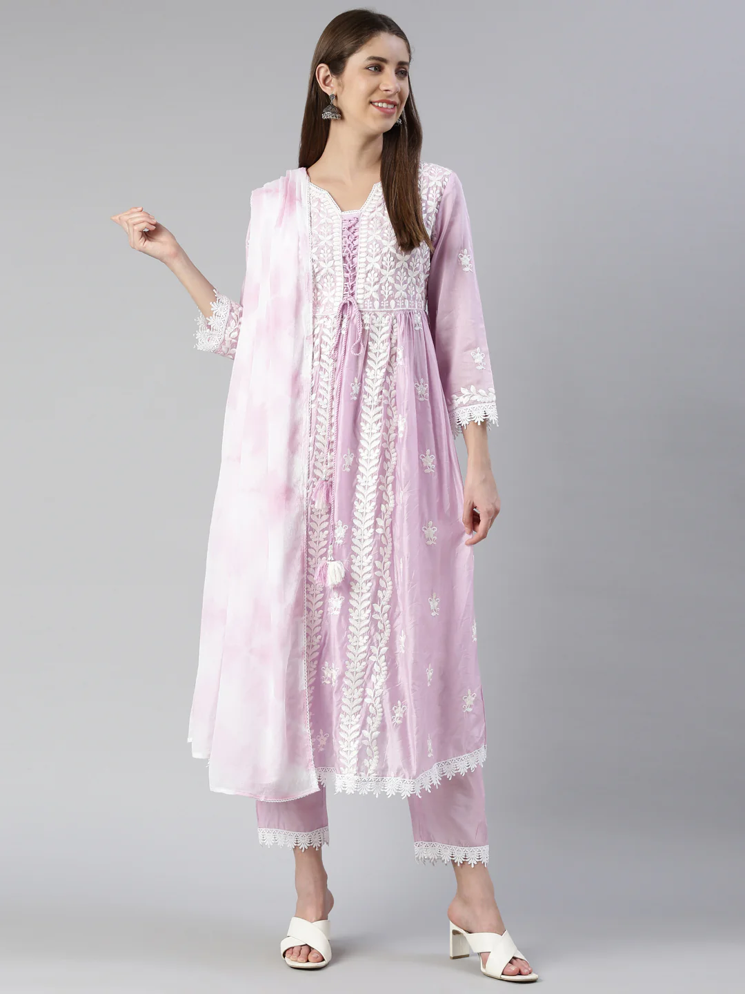 Neerus Women Lavender Solid Calf Length Kurta And Trousers With Dupatta - Image 5