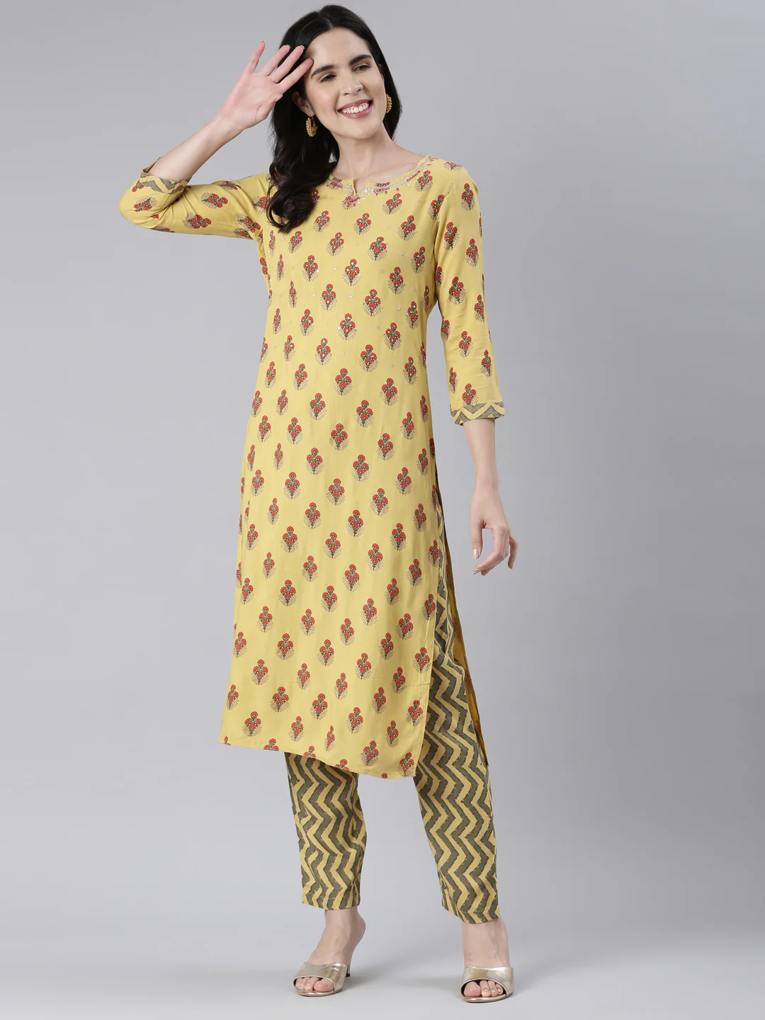 Neerus Women Lemon Solid Calf Length Kurta And Trousers - Image 5