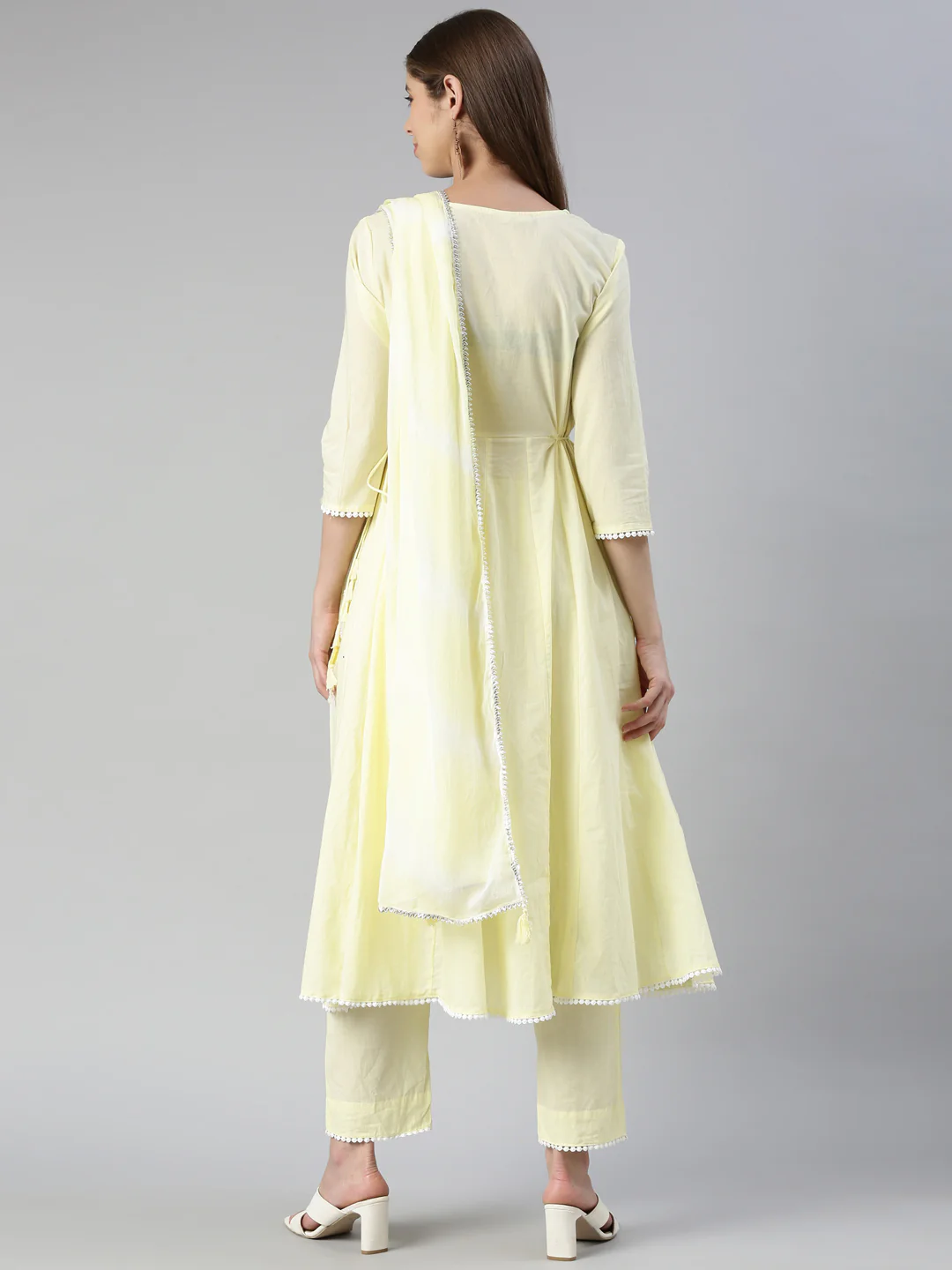 Neerus Women Lemon Solid Calf Length Kurta And Trousers With Dupatta - Image 3