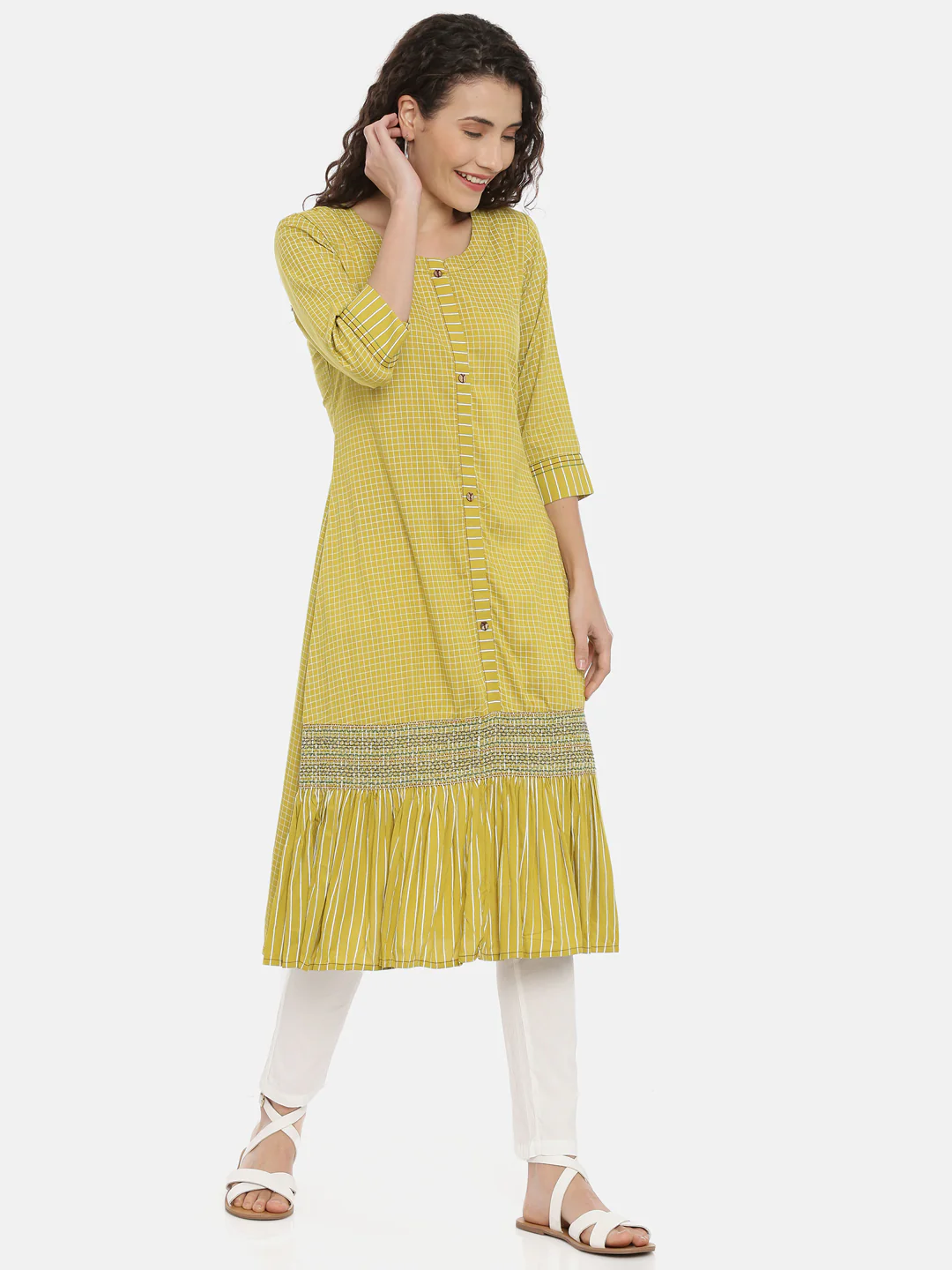 Neerus Women Lime Green White Checked A-Line Kurta - Image 2
