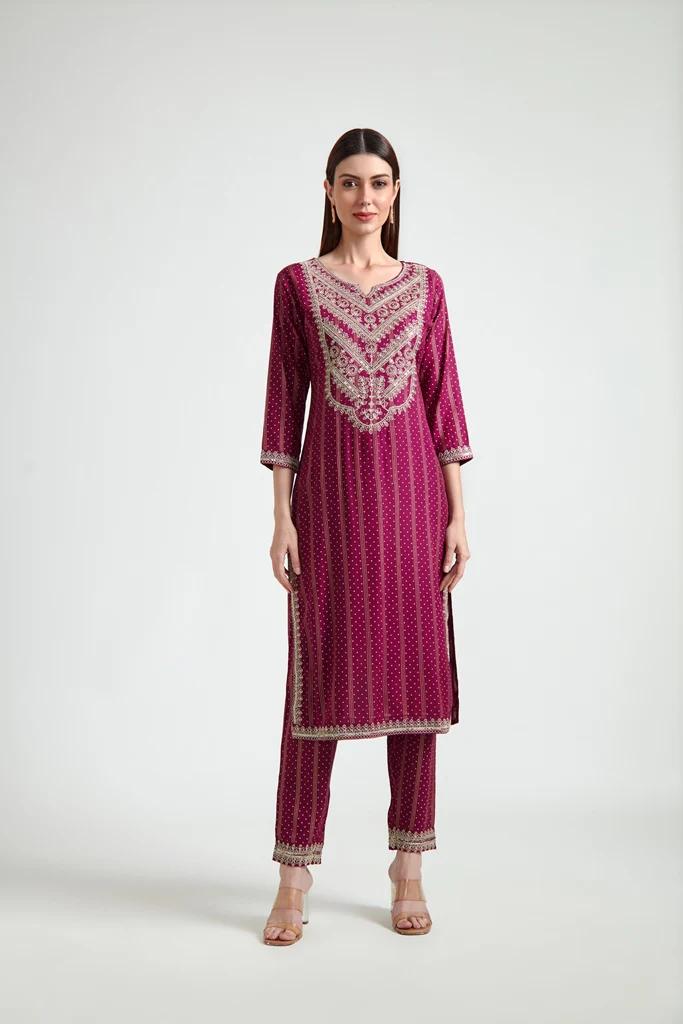 Neerus Women Maroon Bandhani Printed Silk Georgette Readymade suits