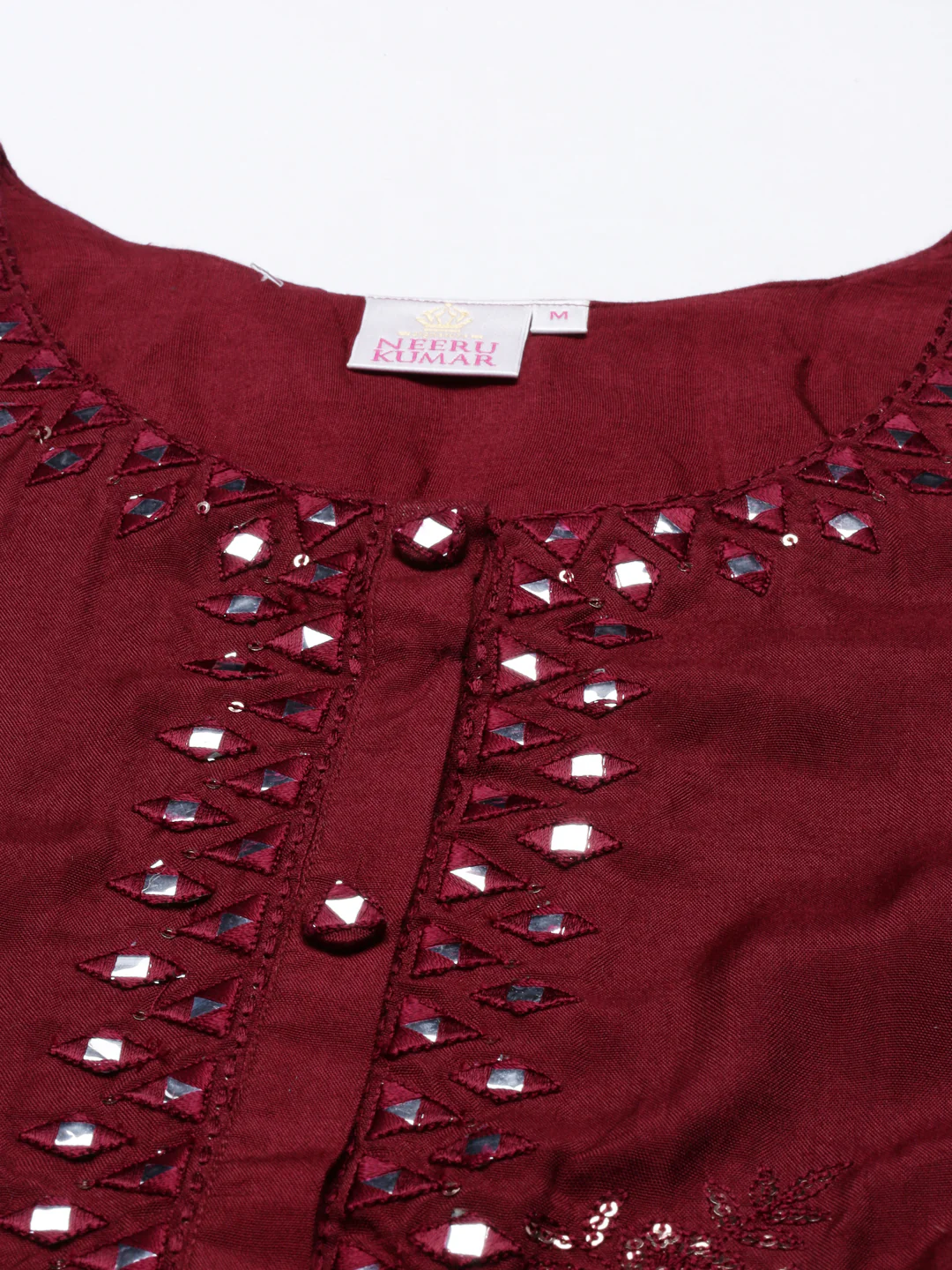 Neerus Women Maroon Floral Embroidered Mirror Work A-Line Kurta - Image 4