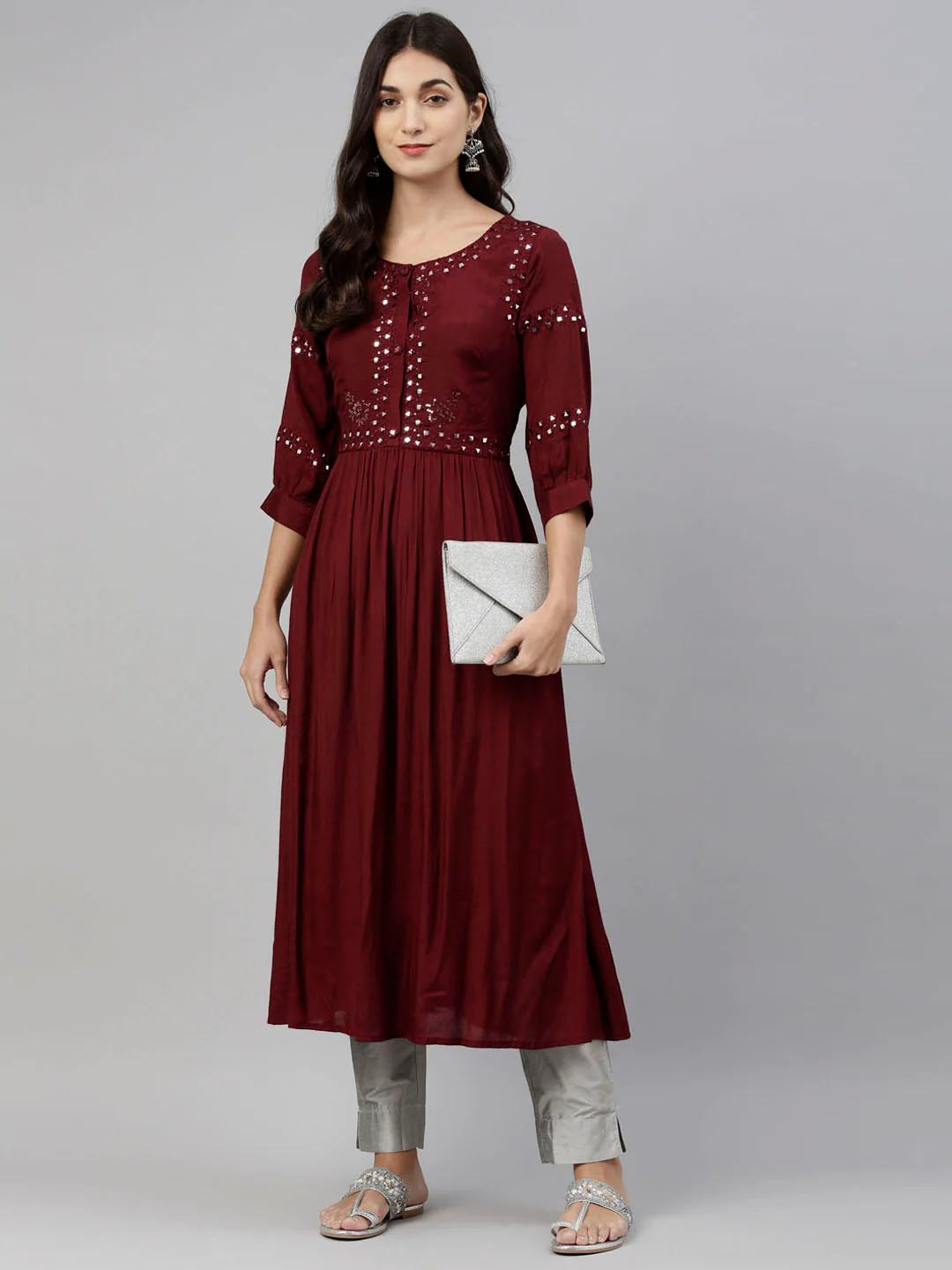Neerus Women Maroon Floral Embroidered Mirror Work A-Line Kurta - Image 5