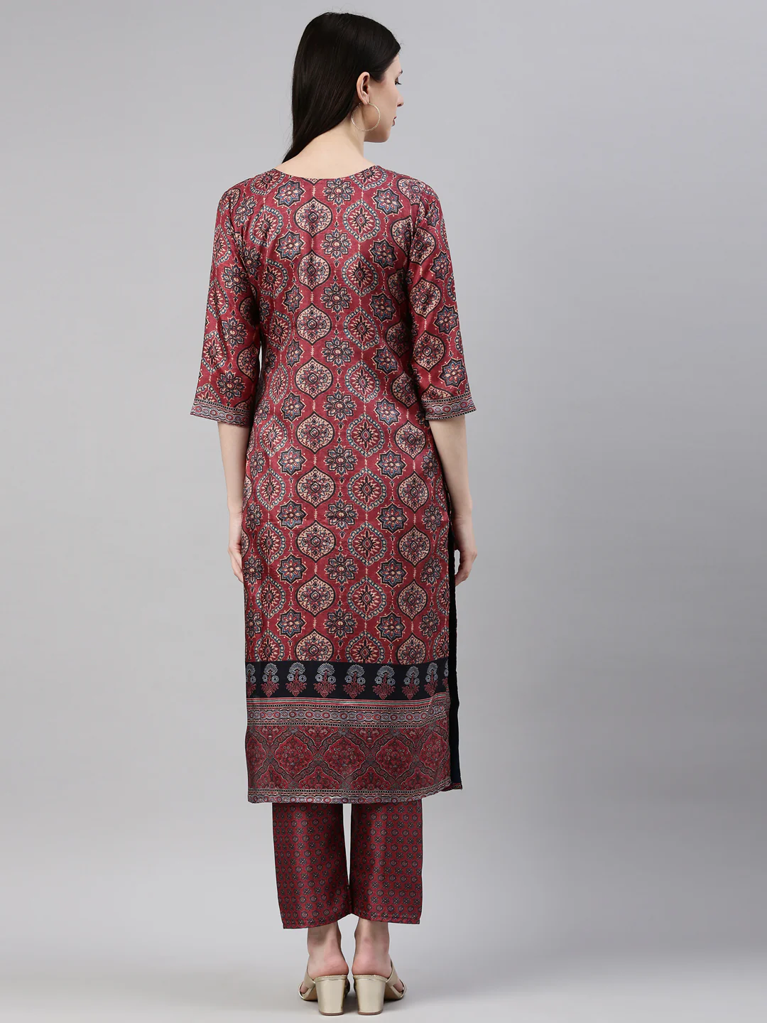 Neerus Women Maroon Floral Printed Mirror Work Dupion Silk Kurta with Trousers - Image 4