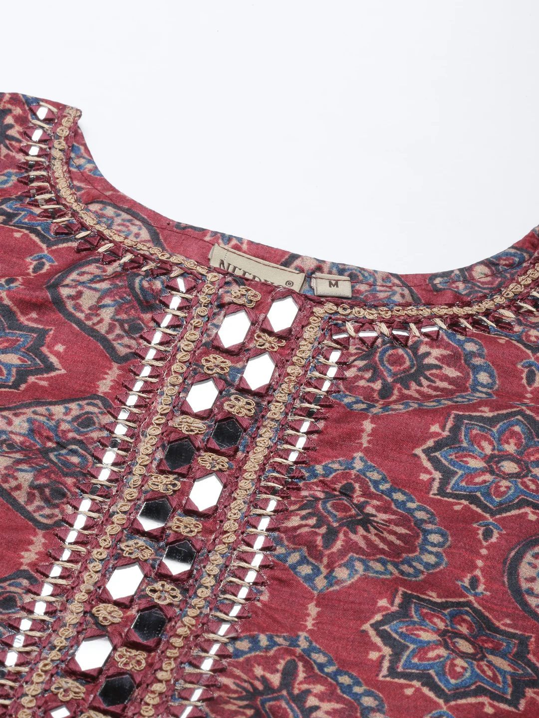 Neerus Women Maroon Floral Printed Mirror Work Dupion Silk Kurta with Trousers - Image 5