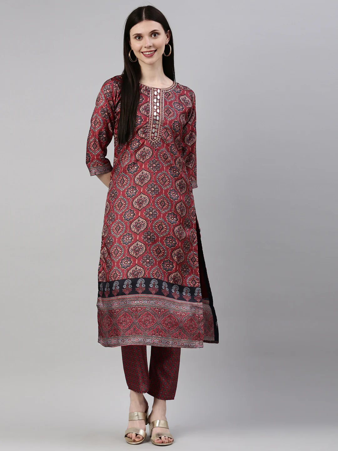 Neerus Women Maroon Floral Printed Mirror Work Dupion Silk Kurta with Trousers - Image 6