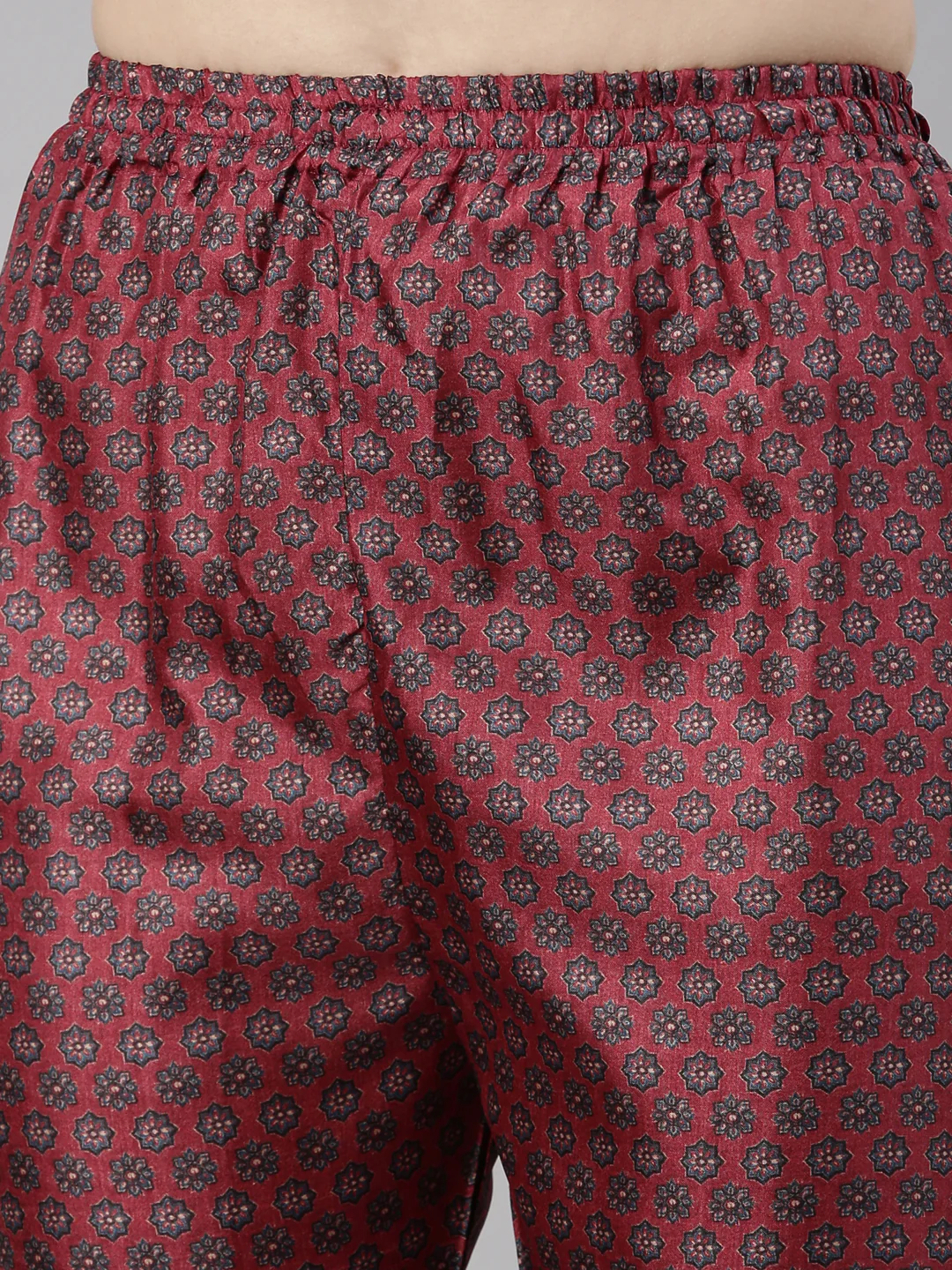 Neerus Women Maroon Floral Printed Mirror Work Dupion Silk Kurta with Trousers - Image 7