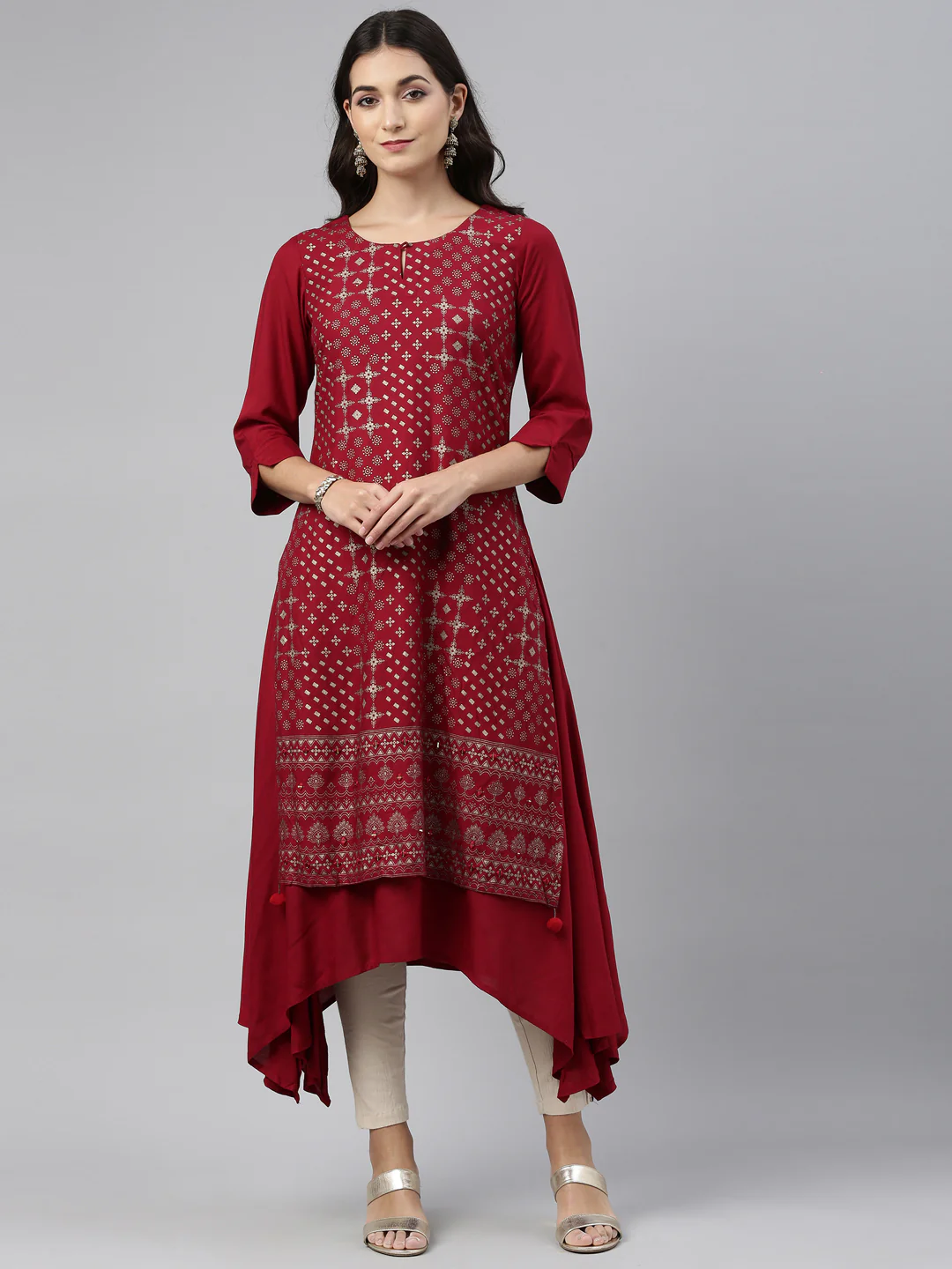 Neerus Women Maroon Geometric Printed Kurta - Image 6