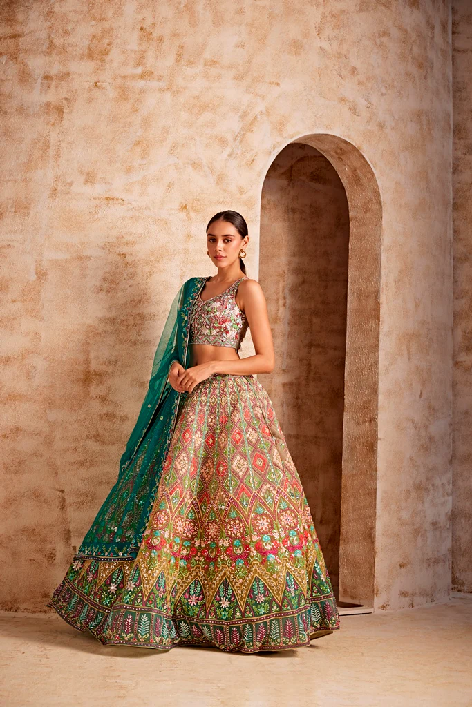 Neerus Women Mehadi Green Color Nett Fabric Ghagra Set - Image 2