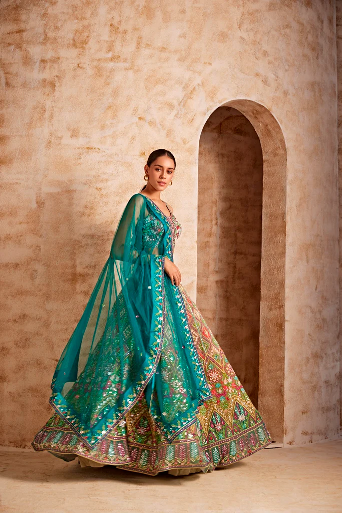 Neerus Women Mehadi Green Color Nett Fabric Ghagra Set - Image 3