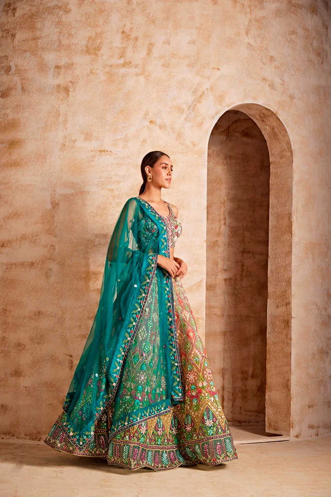 Neerus Women Mehadi Green Color Nett Fabric Ghagra Set - Image 4