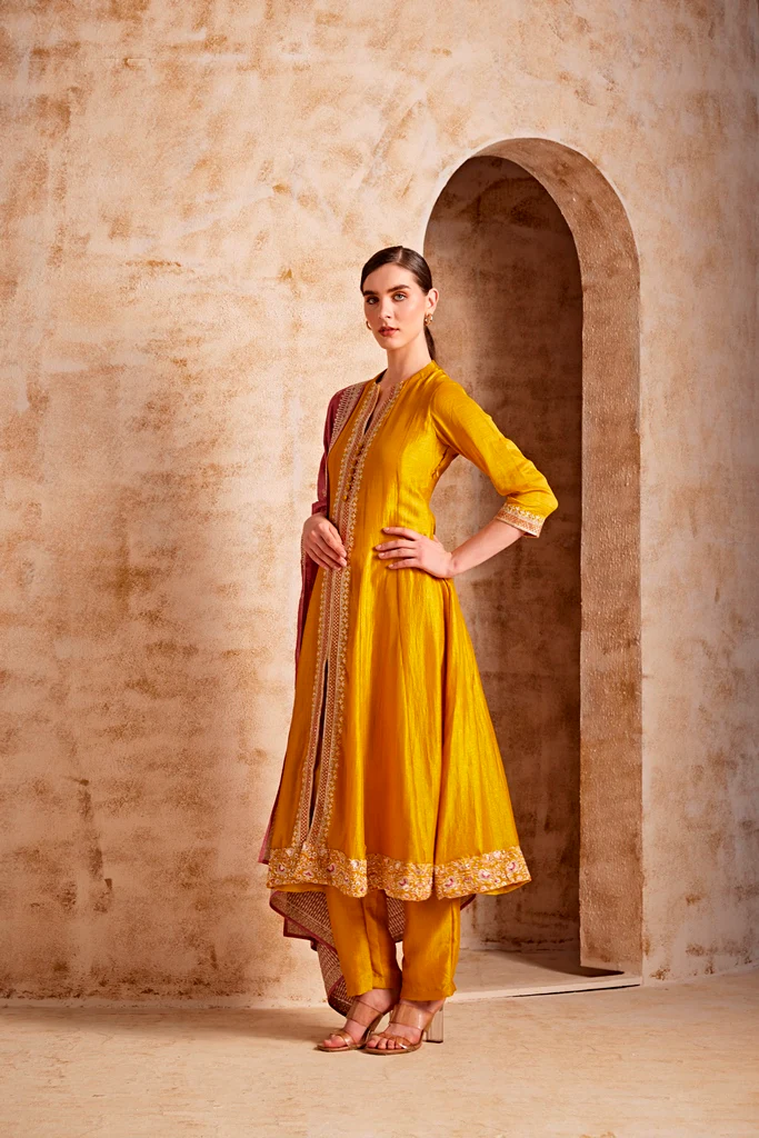 Neerus Women Mustard Calf Length Embroidered Kurta Solid Pant With Dupatta - Image 4