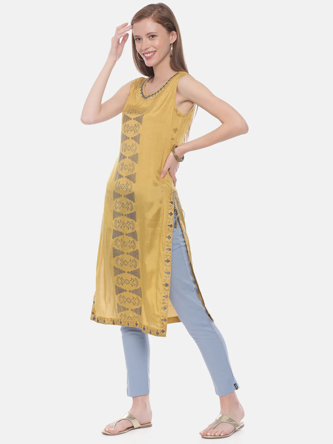 Neerus Women Mustard Embroidered Straight Kurta - Image 2