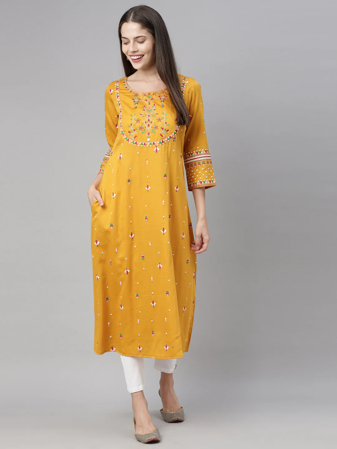 Neerus Women Mustard Floral Embroidered Kurta - Image 5