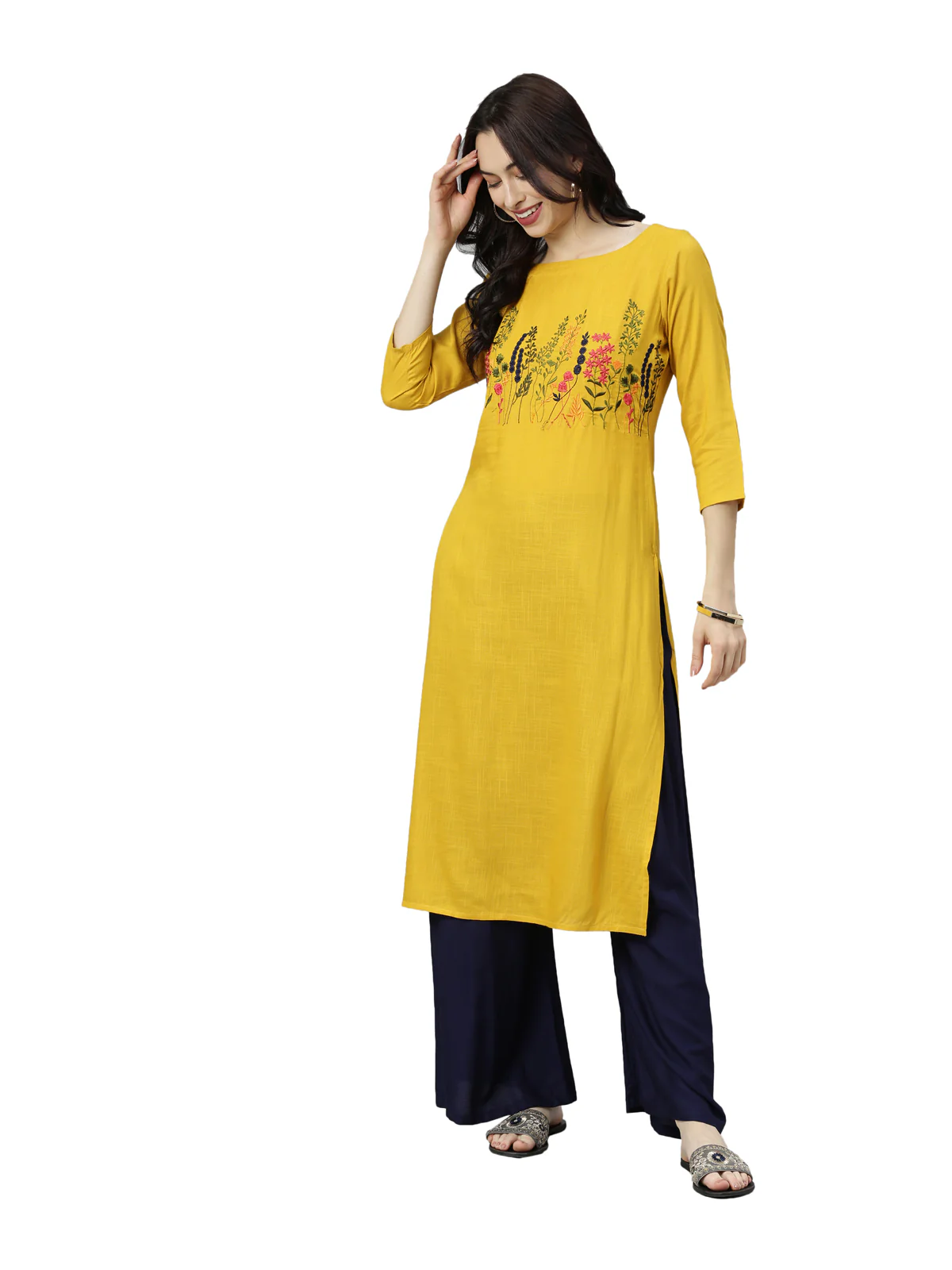 Neerus Women Mustard Floral Embroidered Thread Work Kurta - Image 6