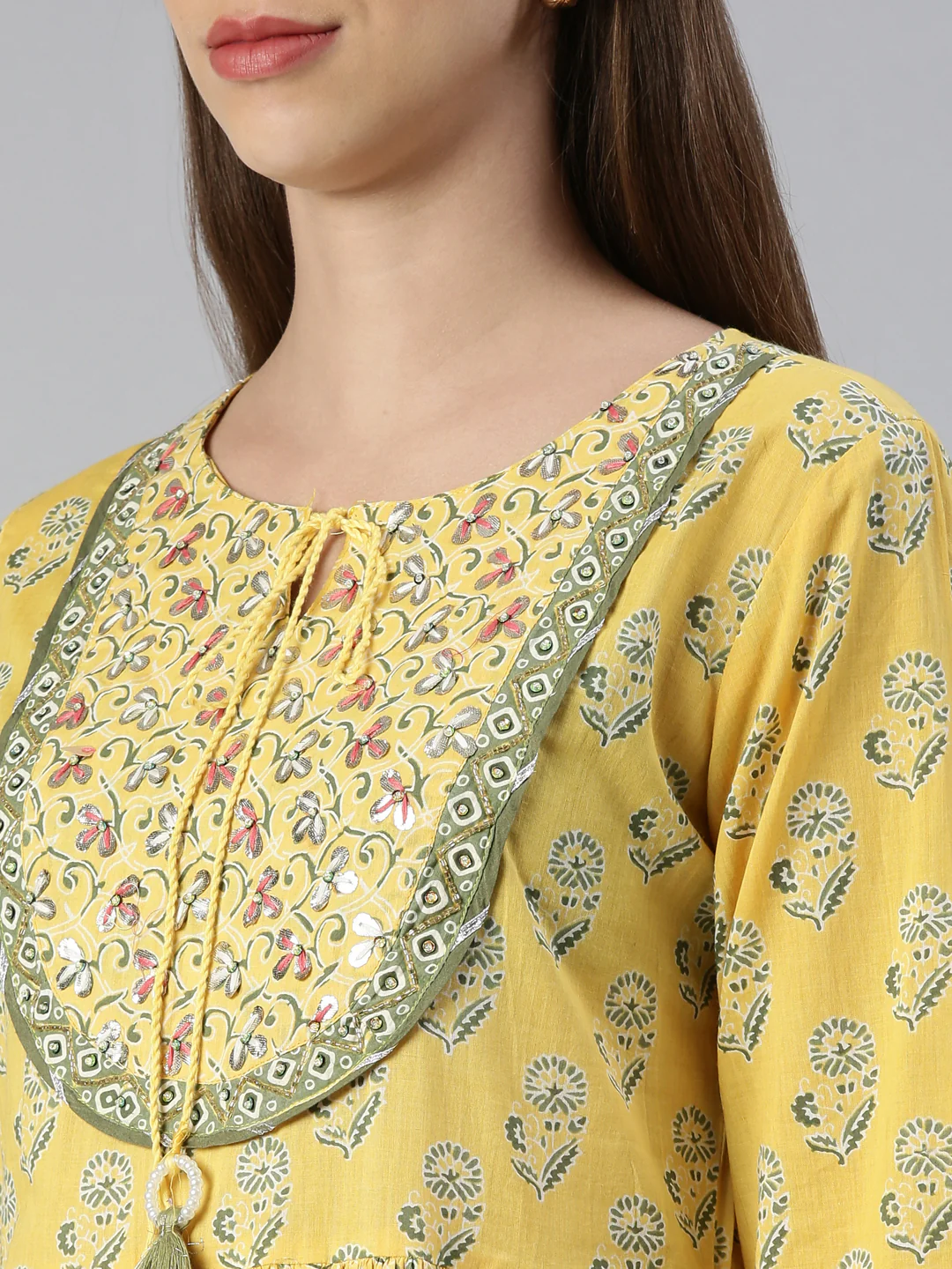 Neerus Women Mustard Printed Calf Length Kurta And Trousers With Dupatta - Image 4