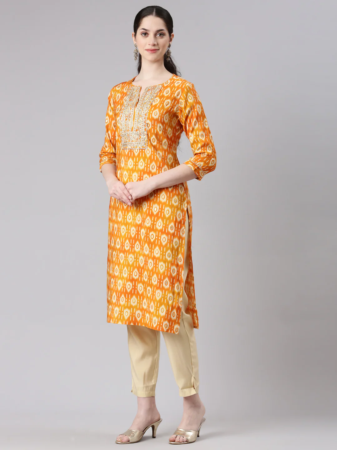 Neerus Women Mustard Straight Kurta and Trousers With Dupatta - Image 2