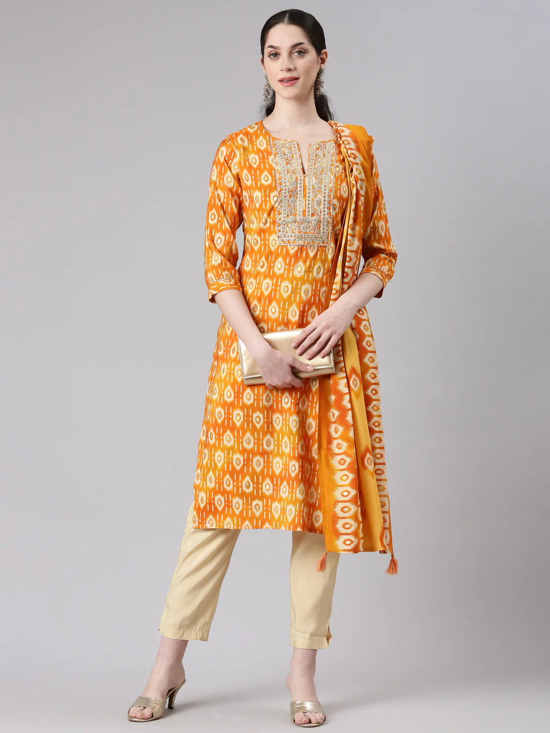 Neerus Women Mustard Straight Kurta and Trousers With Dupatta - Image 5