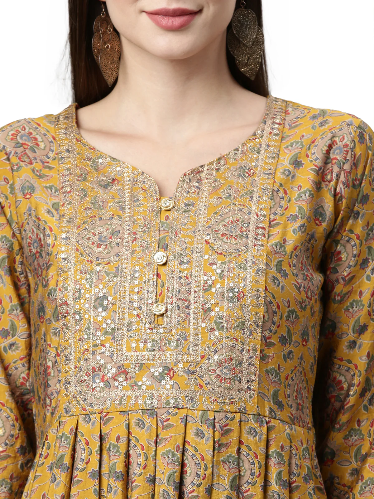 Neerus Women Mustard Yellow Ethnic Motifs Printed Anarkali Kurta with Trousers - Image 5
