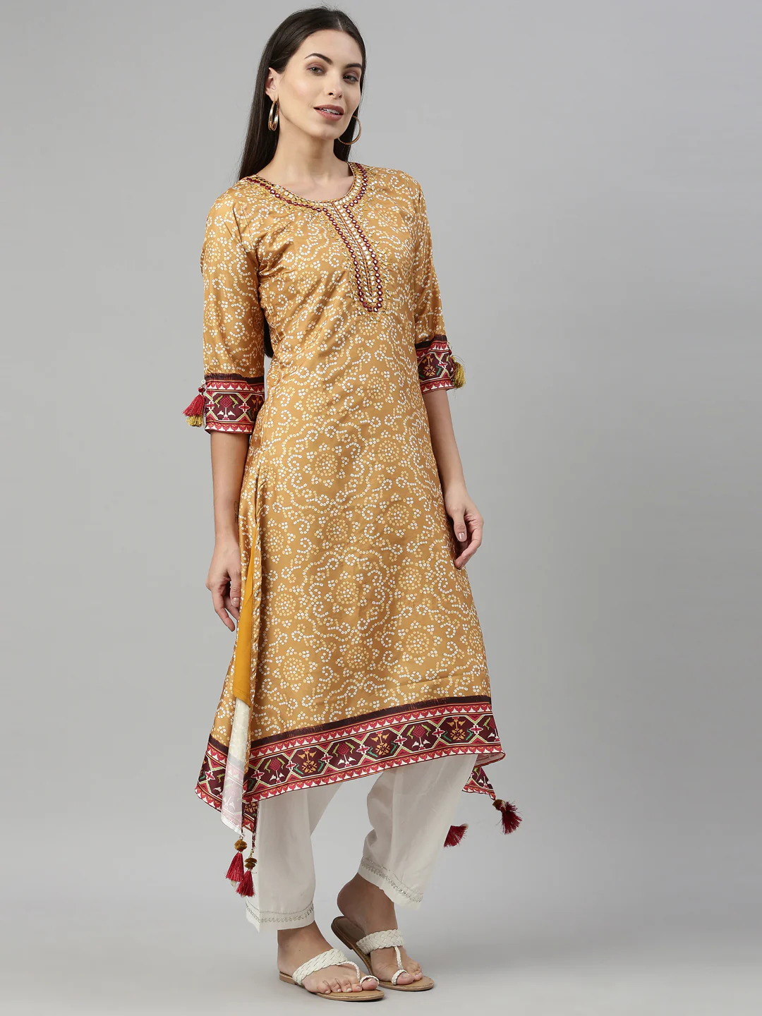 Neerus Women Mustard Yellow Ethnic Motifs Printed Keyhole Neck Mirror Work Kurta - Image 2