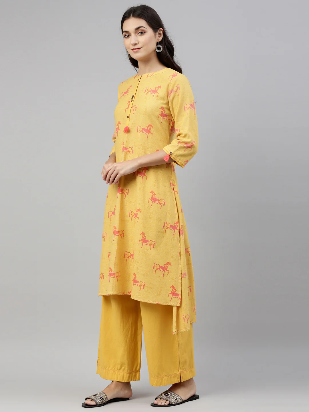 Neerus Women Mustard Yellow Ethnic Motifs Printed Pure Cotton Kurta with Palazzos - Image 2