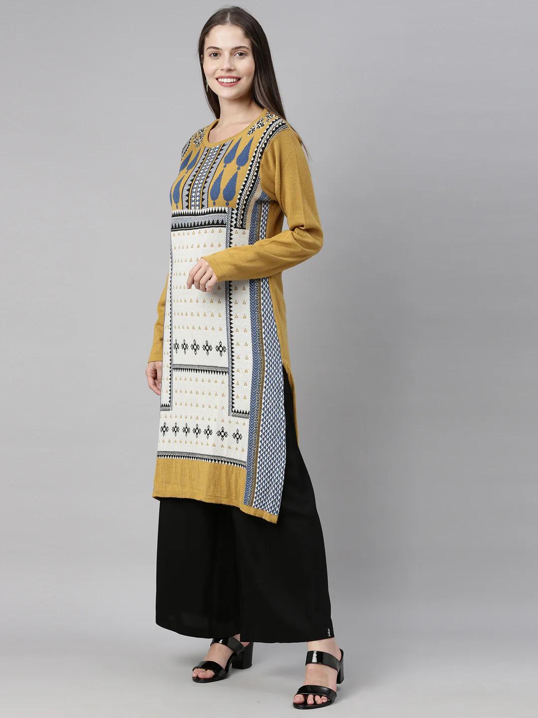 Neerus Women Mustard Yellow  Off White Geometric Printed Acrylic Knitted Kurta - Image 2