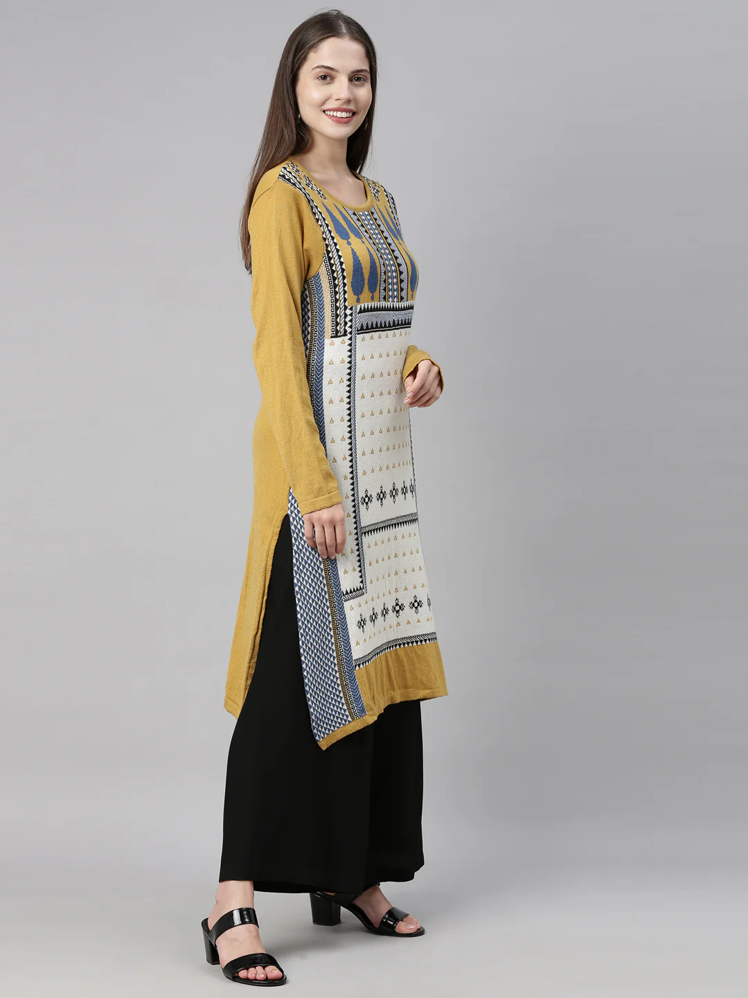 Neerus Women Mustard Yellow  Off White Geometric Printed Acrylic Knitted Kurta - Image 3