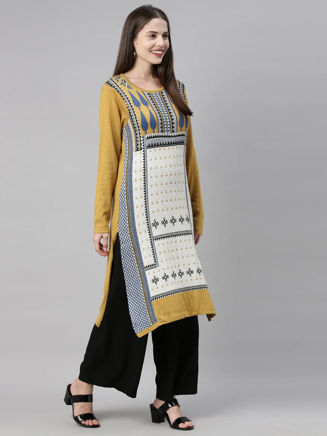 Neerus Women Mustard Yellow  Off White Geometric Printed Acrylic Knitted Kurta - Image 6