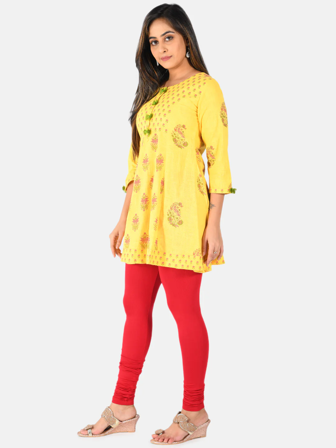 Neerus Women Mustard Yellow Printed A-Line Pure Cotton Kurti - Image 2
