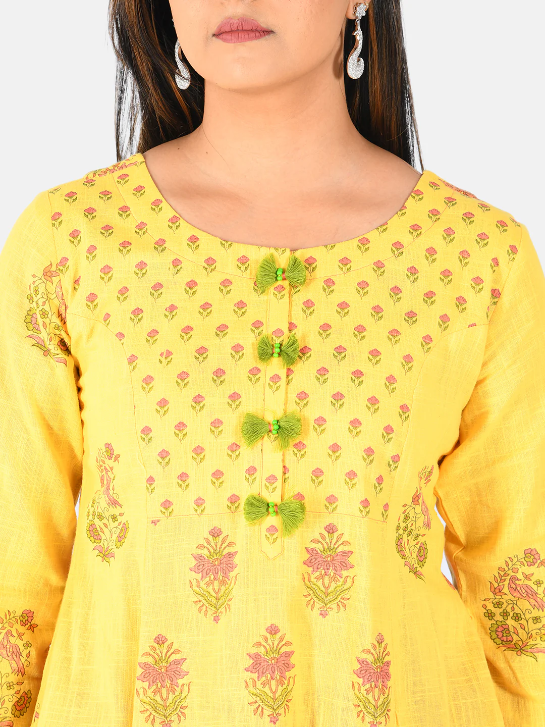 Neerus Women Mustard Yellow Printed A-Line Pure Cotton Kurti - Image 4