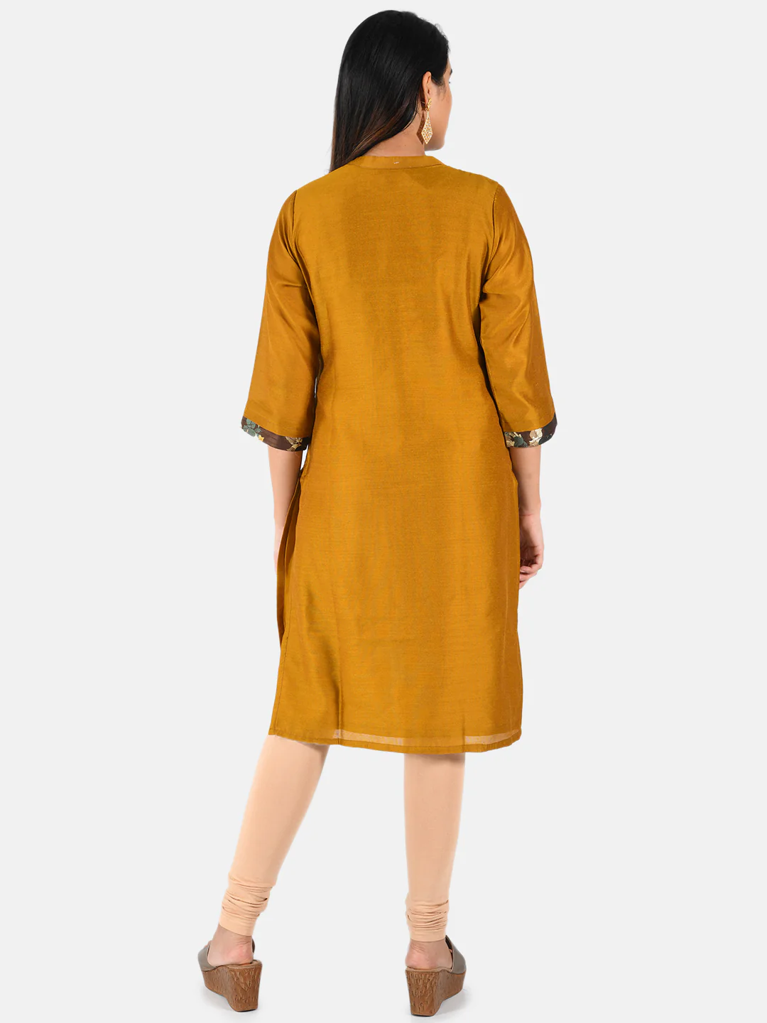 Neerus Women Mustard Yellow Solid A-Line Kurta with Applique Detail - Image 3