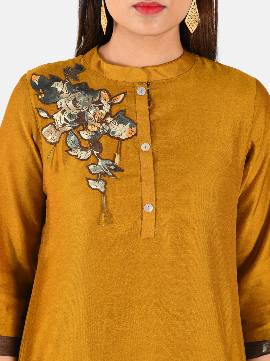 Neerus Women Mustard Yellow Solid A-Line Kurta with Applique Detail - Image 4
