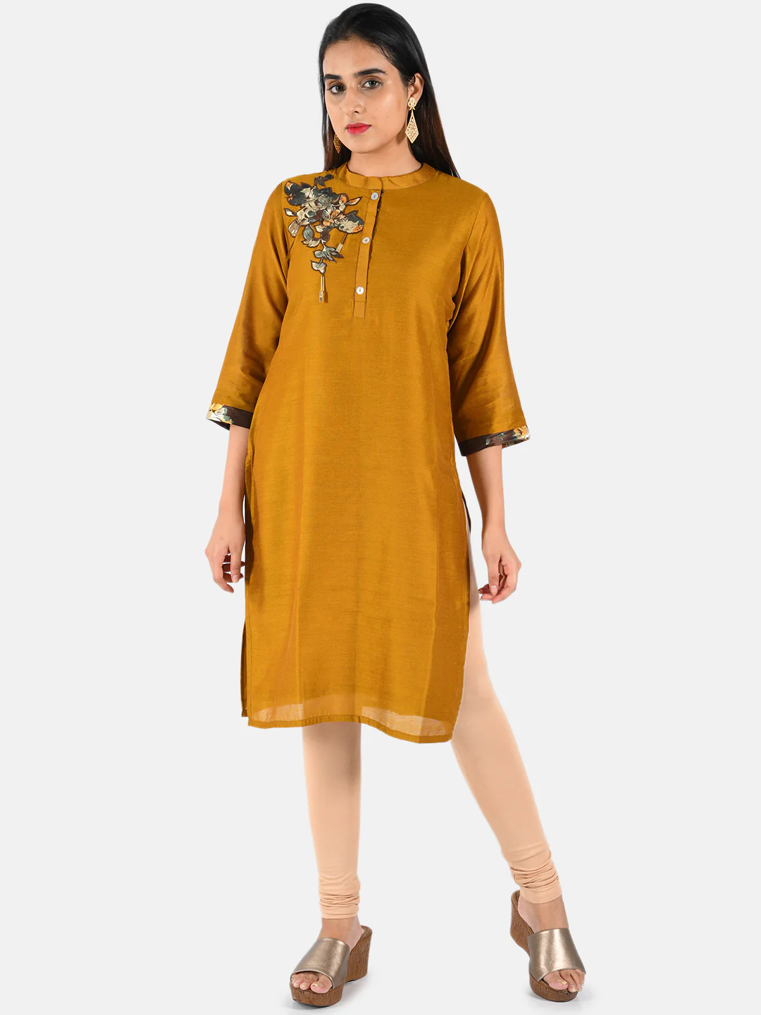 Neerus Women Mustard Yellow Solid A-Line Kurta with Applique Detail - Image 5