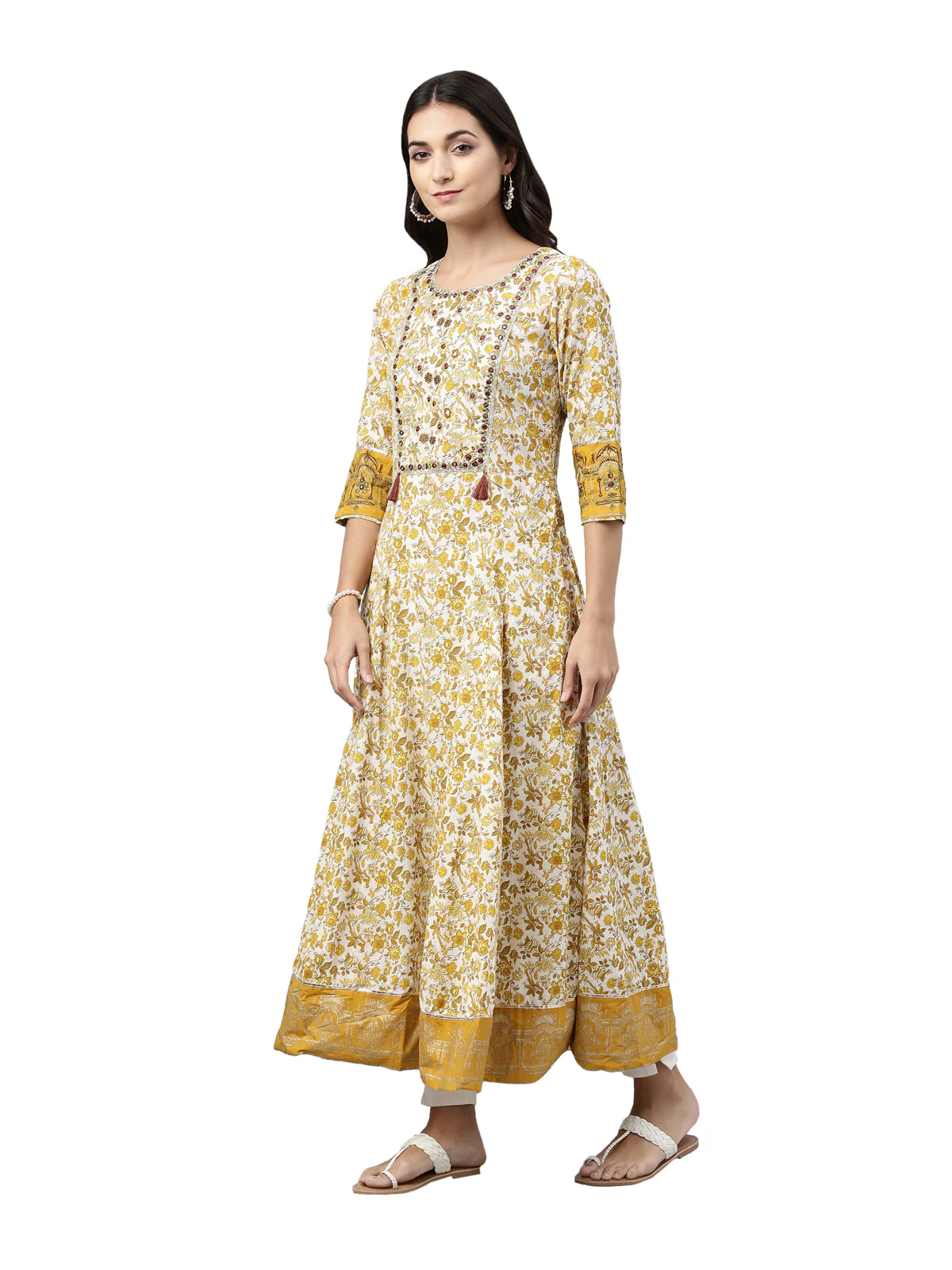 Neerus Women Mustard Yellow  White Ethnic Motifs Printed Anarkali Kurta - Image 2