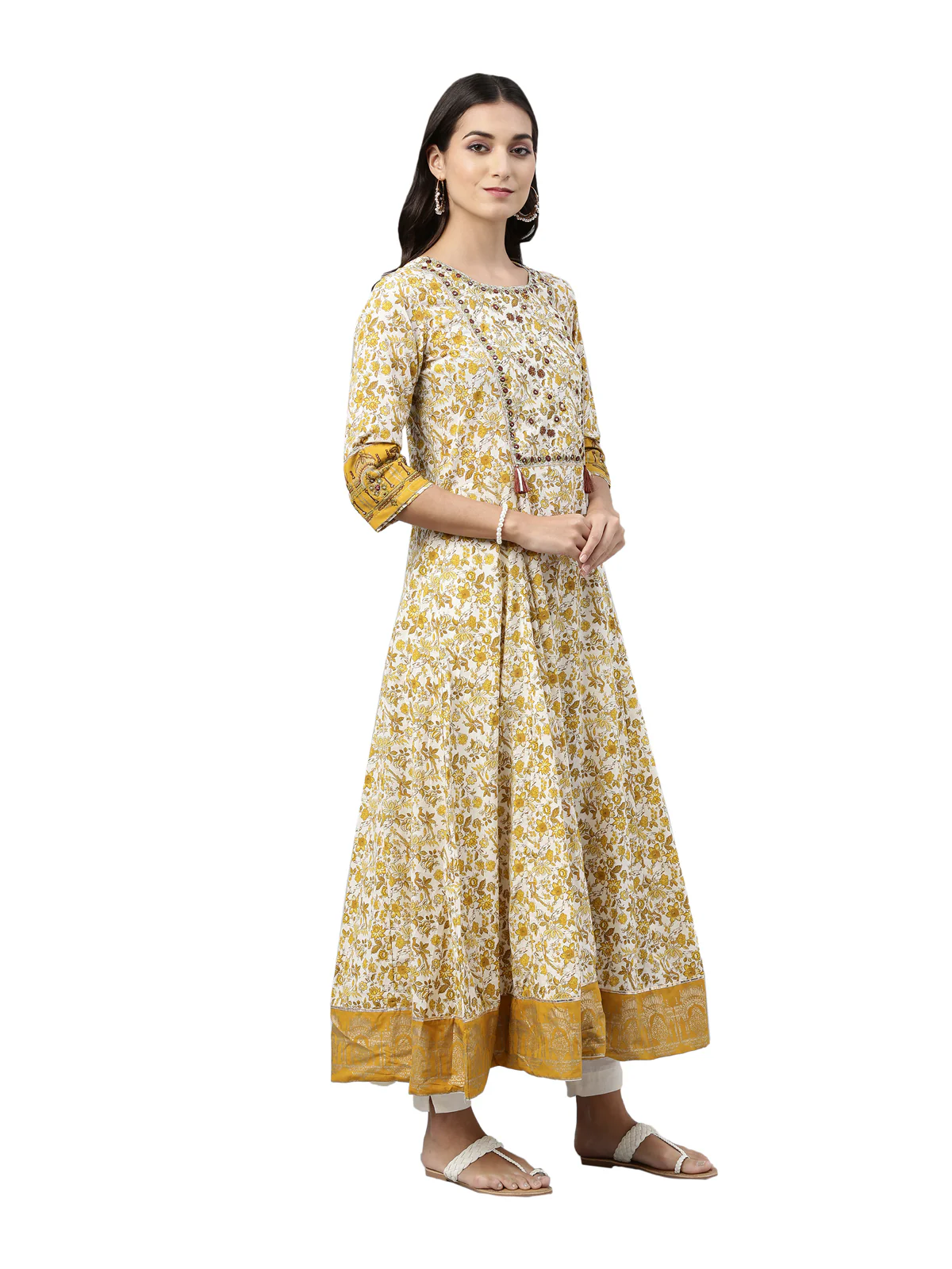 Neerus Women Mustard Yellow  White Ethnic Motifs Printed Anarkali Kurta - Image 3